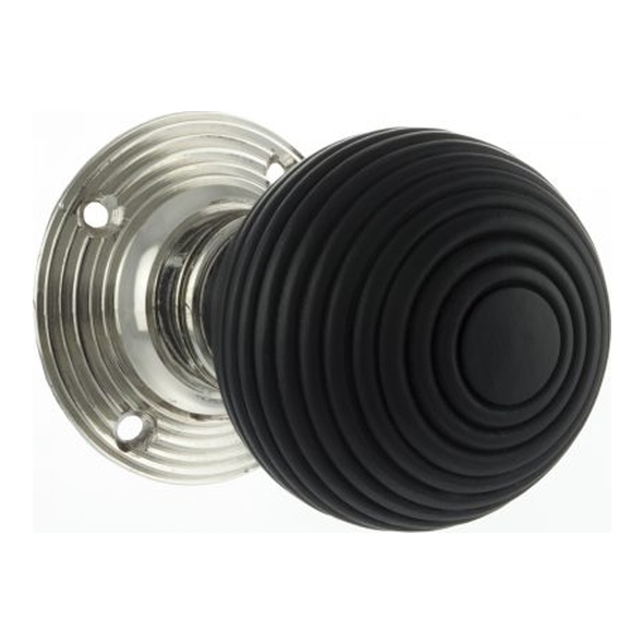 OE60RREMKPN  Ebony / Polished Nickel  Old English Whitby Reeded Mortice Knobs on Face Fix Roses