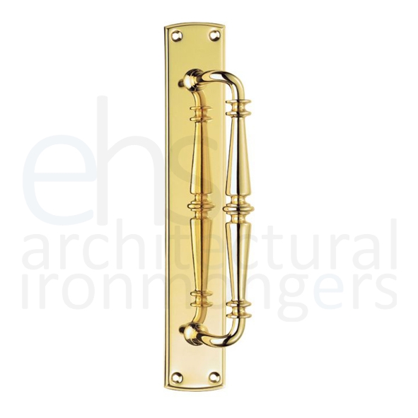 PF106  382 x 64mm  Polished Brass  Carlisle Brass Ornate Pull Handle On Backplate