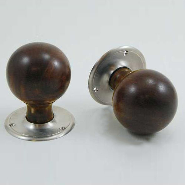 DKF084DWC-SNP  Rosewood / Satin Nickel  Timber Sphere Knobs On Round Roses