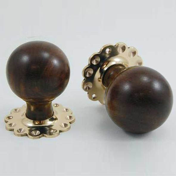 DKF084DWF-PBL  Rosewood / Lacquered Brass  Timber Sphere Knobs On Daisy Roses