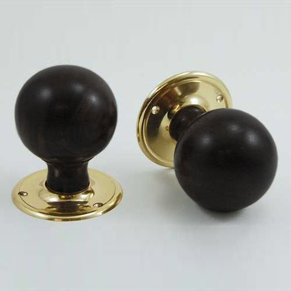 DKF084MXC-PBL  Ebony / Lacquered Brass  Timber Sphere Knobs On Round Roses