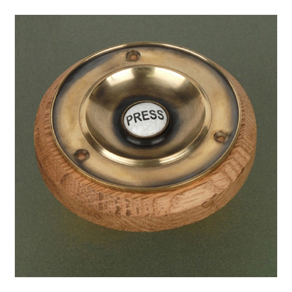 BPFo  120 x 100mm  x 27mm Projection  Aged Brass  Reproduction Foley Bell Push With Timber Rose