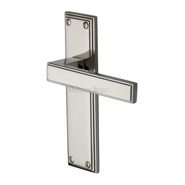 ATL5710-PNF  Long Plate Latch  Polished Nickel  Heritage Brass Atlantis Art Deco Levers On Backplates