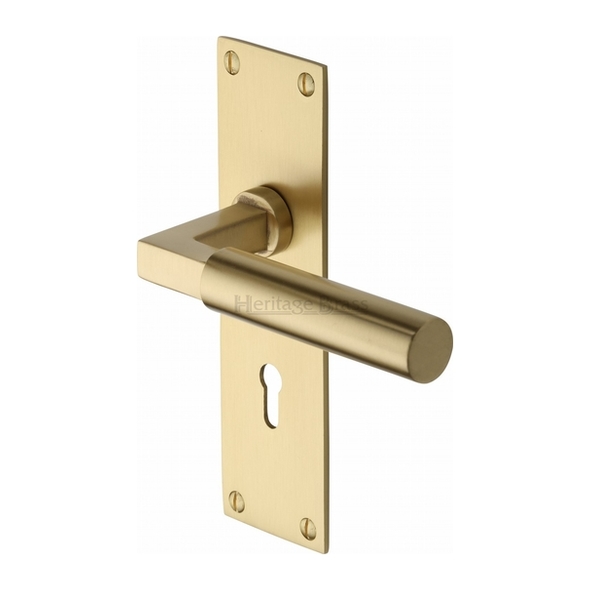 BAU7300-SB  Standard Lock [57mm]  Satin Brass  Heritage Brass Bauhaus Levers On Backplates