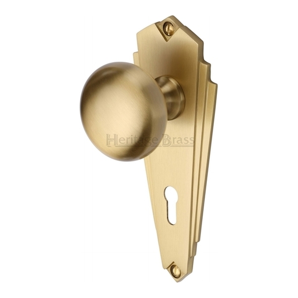 BR1800-SB  Standard Lock [57mm]  Satin Brass  Heritage Brass Broadway Mortice Knobs On Backplates