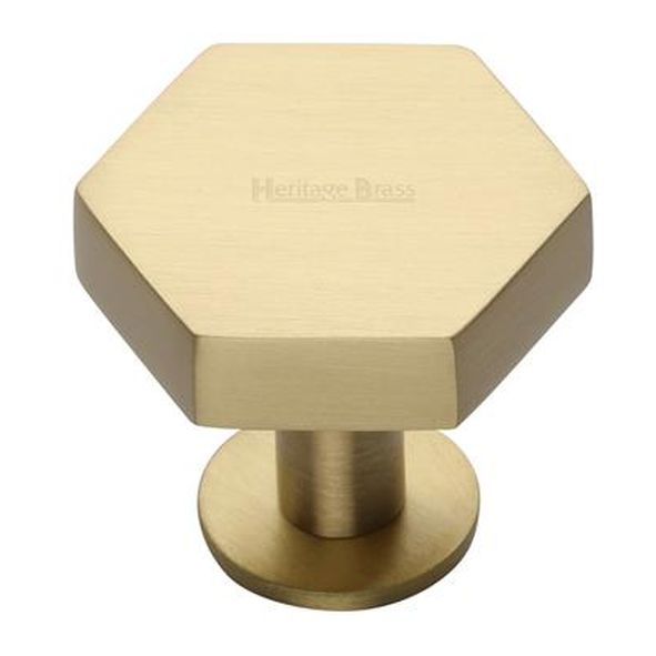 C4345 38-SB • 38 x 44 x 20 x 32mm • Satin Brass • Heritage Brass Hexagon On Rose Cabinet Knob