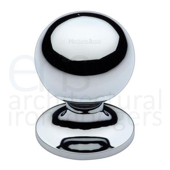C8321 25-PC • 25 x 25 x 36mm • Polished Chrome • Heritage Brass Sphere On Rose Cabinet Knob