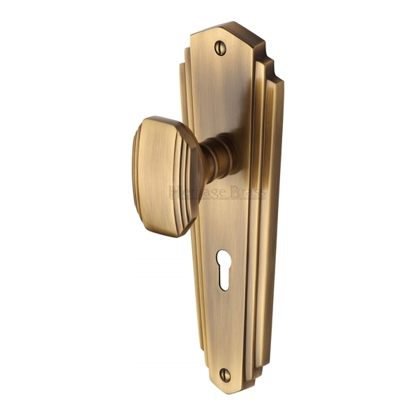 CHA1900-AT  Standard Lock [57mm]  Antique Brass  Heritage Brass Charlston Mortice Knobs On Backplates
