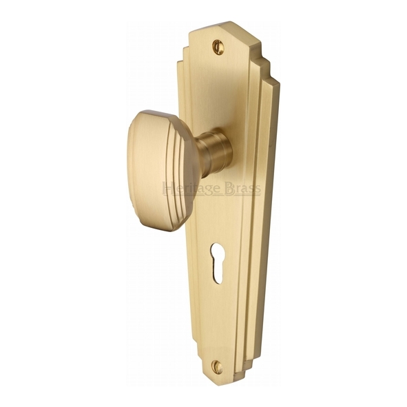 CHA1900-SB  Standard Lock [57mm]  Satin Brass  Heritage Brass Charlston Mortice Knobs On Backplates