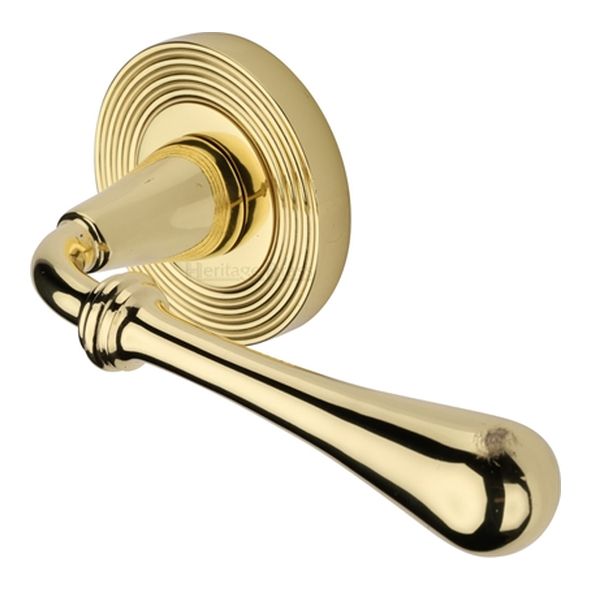 RR7156-PB  Polished Brass  Heritage Brass Roma Reeded Lever Furniture on Round Rose