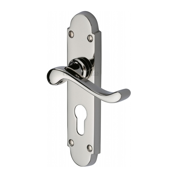 S607.48-PNF  Euro Cylinder [47.5mm]  Polished Nickel  Heritage Brass Savoy Levers On Backplates