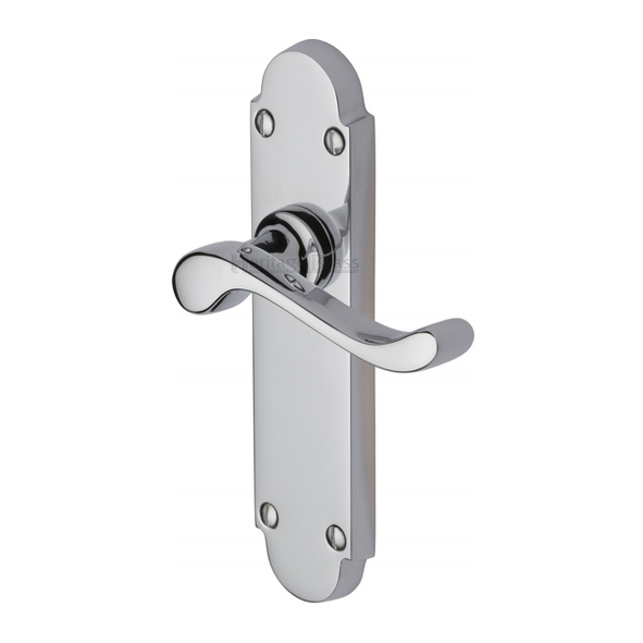 S610-PC • Long Plate Latch • Polished Chrome • Heritage Brass Savoy Levers On Backplates