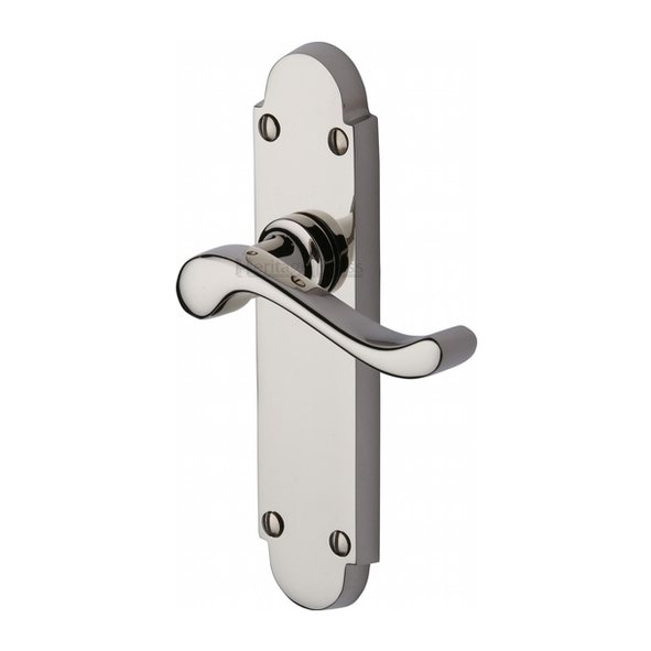 S610-PNF  Long Plate Latch  Polished Nickel  Heritage Brass Savoy Levers On Backplates