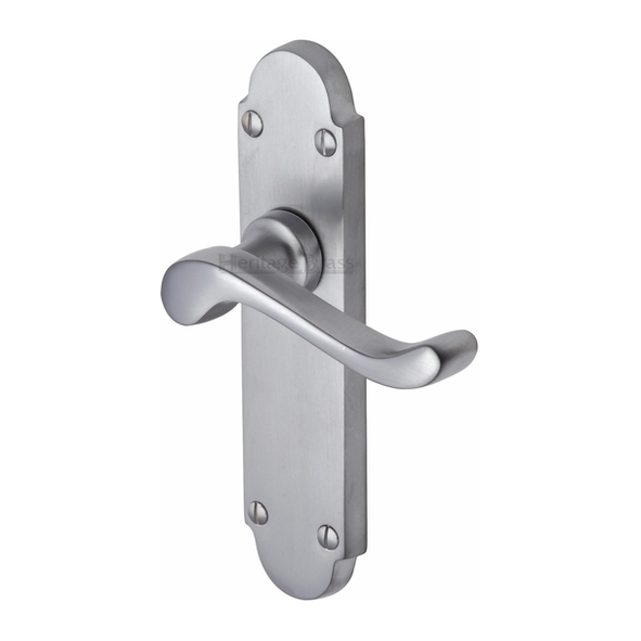 S610-SC • Long Plate Latch • Satin Chrome • Heritage Brass Savoy Levers On Backplates