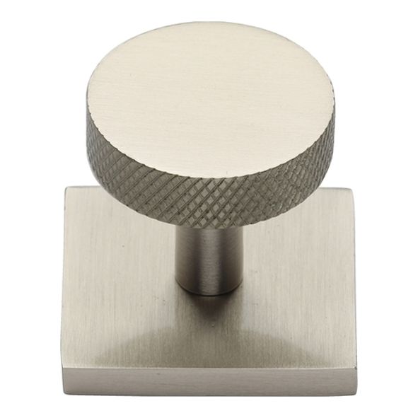SQ3884-SN  32 x 38 x 33mm  Satin Nickel  Heritage Brass Knurled Disc Cabinet Knob On Square Backplate