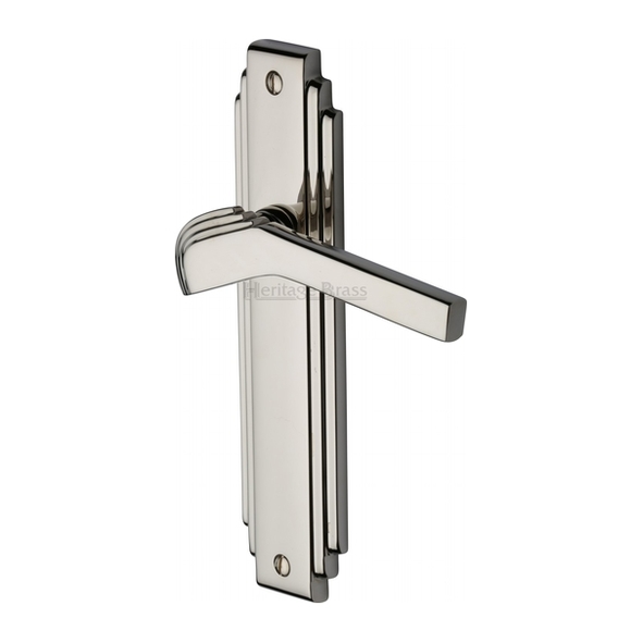 TIF5210-PNF • Long Plate Latch • Polished Nickel • Heritage Brass Tiffany Art Deco Levers On Backplates