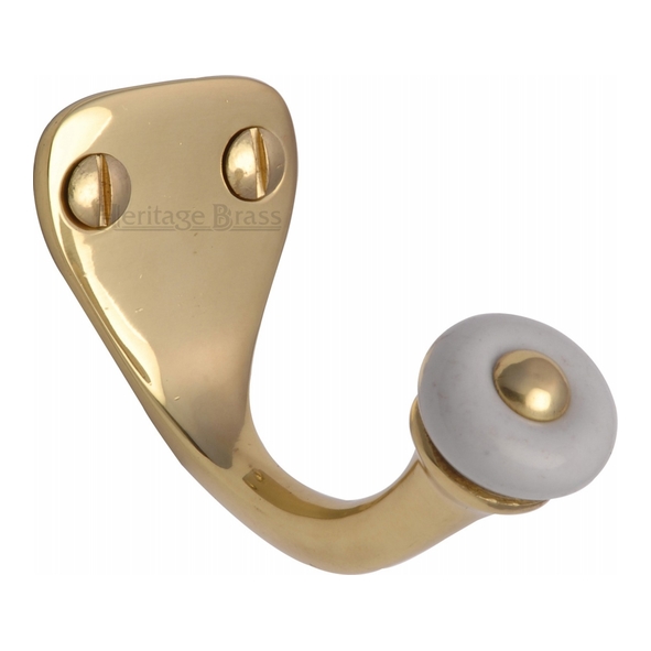 V1044-PB  Polished Brass  Heritage Brass Traditional Single Robe Hook With Ceramic End