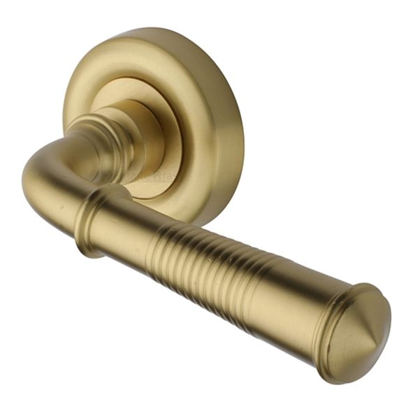 V1936-SB  Satin Brass  Heritage Brass Colonial Reeded Lever Furniture on Round Rose