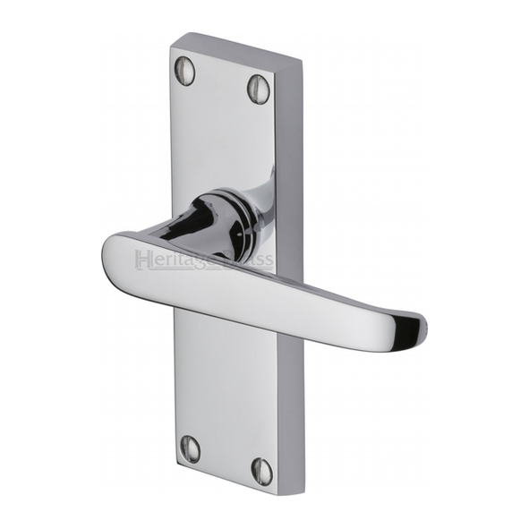 V3910-PC • Short Plate Latch • Polished Chrome • Heritage Brass Victoria Levers On Backplates
