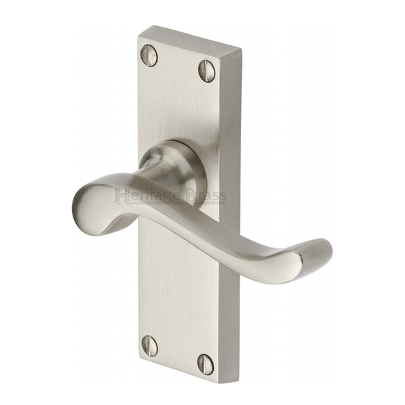 V800-SN • Short Plate Latch • Satin Nickel • Heritage Brass Bedford Levers On Backplates