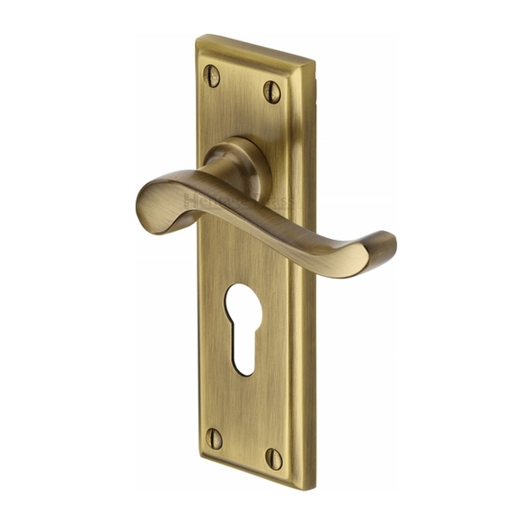 W3227.48-AT • Euro Cylinder [47.5mm] • Antique Brass • Heritage Brass Edwardian Levers On Backplates