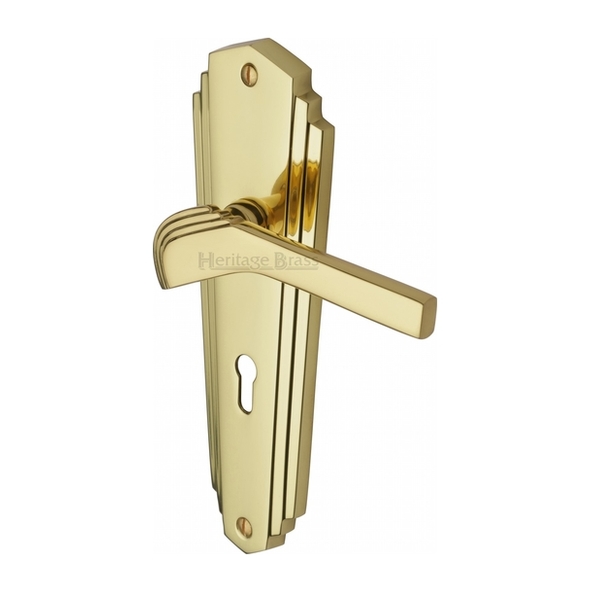 WAL6500-PB  Standard Lock [57mm]  Polished Brass  Heritage Brass Waldorf Art Deco Levers On Backplates