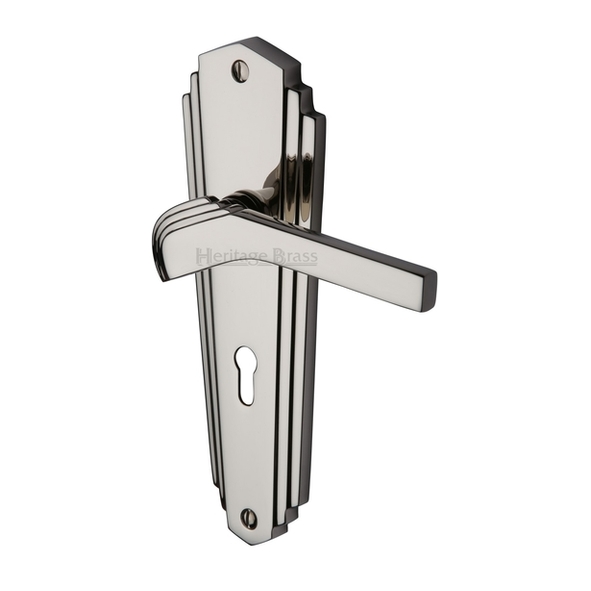 WAL6500-PNF  Standard Lock [57mm]  Polished Nickel  Heritage Brass Waldorf Art Deco Levers On Backplates