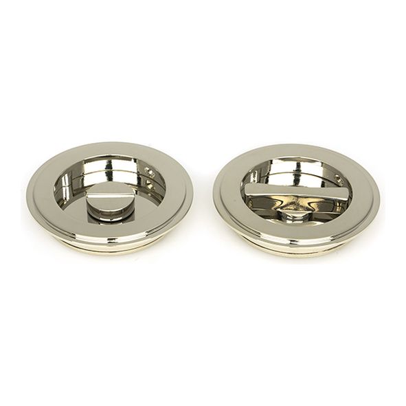 50165  75 mm  Polished Nickel  From The Anvil Art Deco Round Pull - Privacy Set
