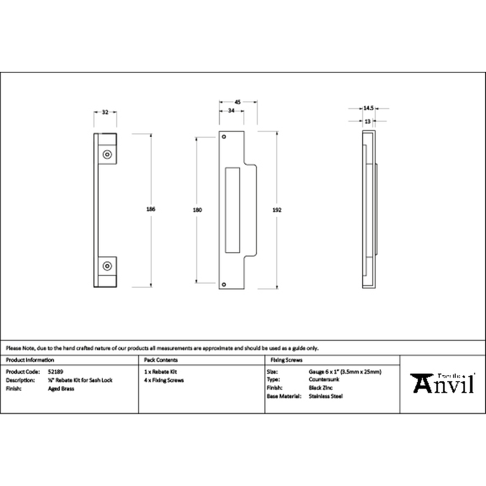 52189 • 13mm • Aged Brass • From The Anvil Rebate Kit For Sash Lock