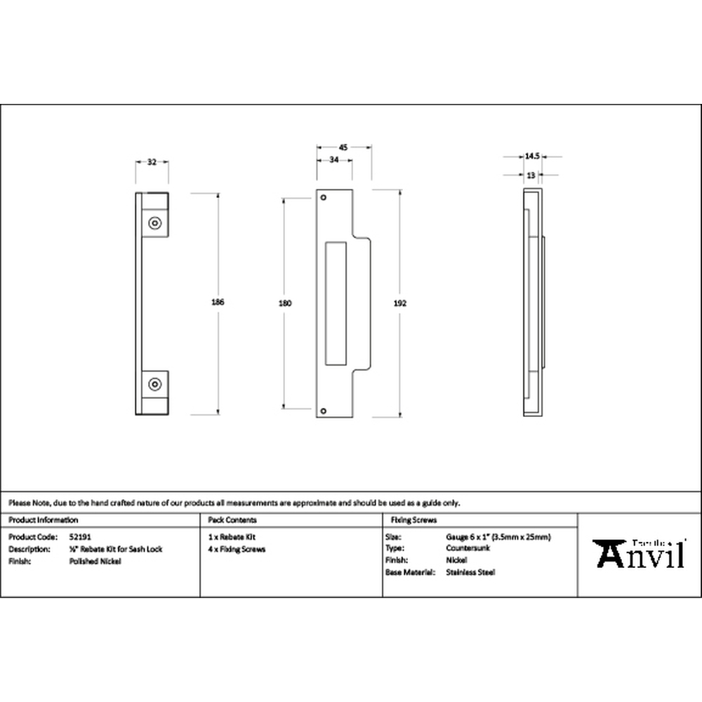 52191 • 13mm • Polished Nickel • From The Anvil Rebate Kit For Sash Lock