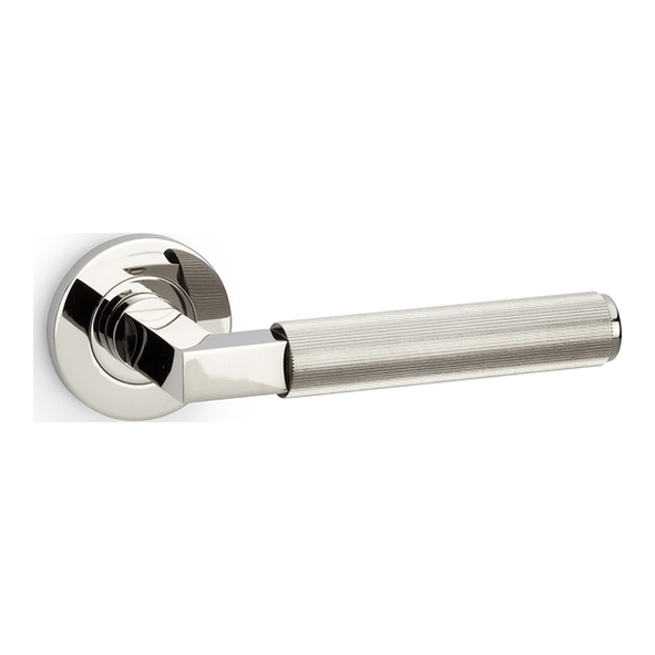 AW202PNPVD  Polished Nickel  Alexander & Wilks Hurricane Reeded Levers on Round Roses