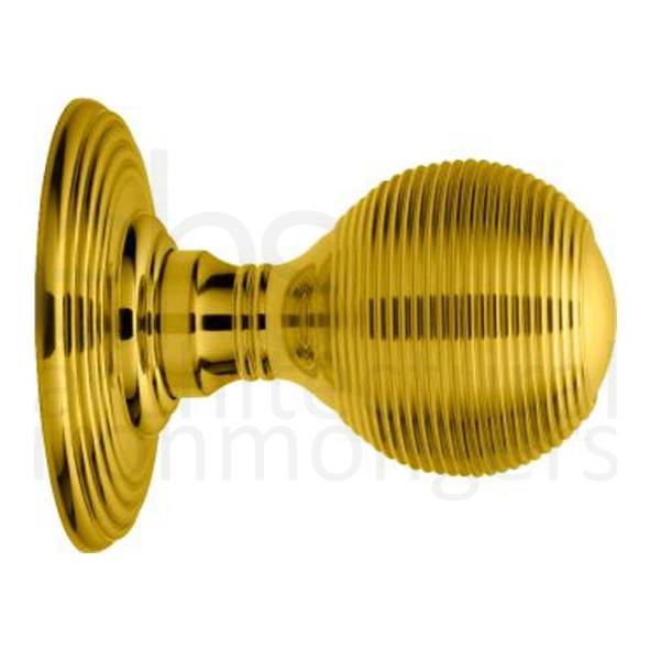 DK37C  Polished Brass  Delamain Reeded Mortice Knobs On Concealed Fix Round Roses