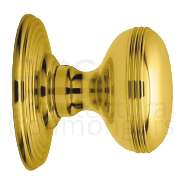 DK39C  Polished Brass  Delamain Ringed Mortice Knobs On Concealed Fix Round Roses