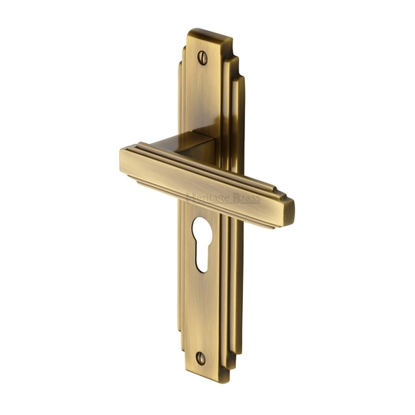 AST5948-AT  Euro Cylinder [47.5mm]  Antique Brass  Heritage Brass Astoria Art Deco Levers On Backplates
