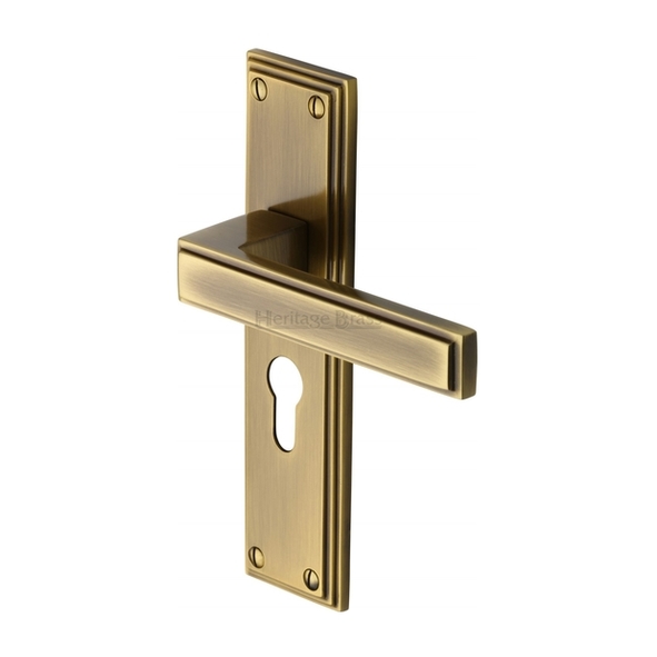 ATL5748-AT  Euro Cylinder [47.5mm]  Antique Brass  Heritage Brass Atlantis Art Deco Levers On Backplates