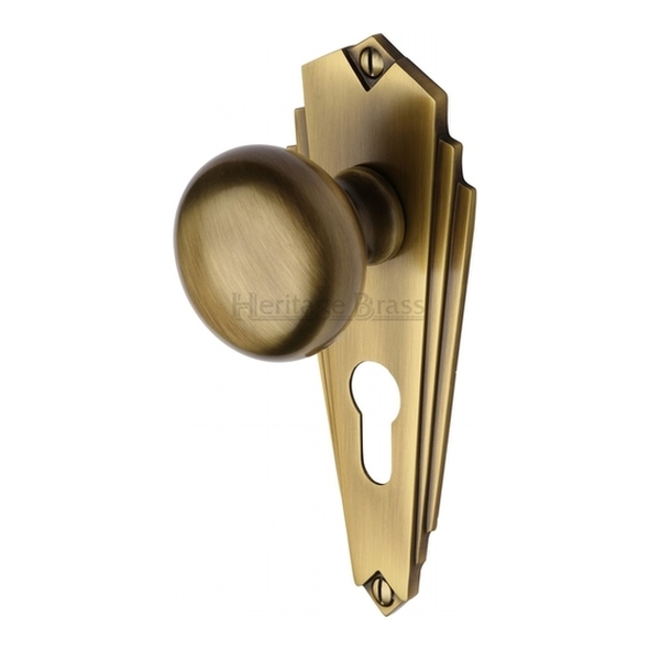 BR1848-AT • Euro Cylinder [47.5mm] • Antique Brass • Heritage Brass Broadway Mortice Knobs On Backplates