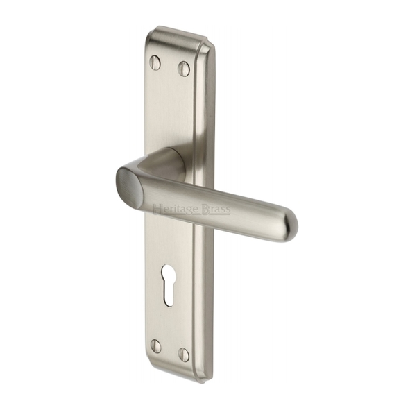 DEC3000-SN • Standard Lock [57mm] • Satin Nickel • Heritage Brass Deco Levers On Backplates