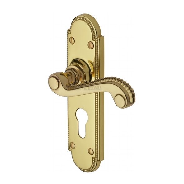 R768-PB  Euro Cylinder [47.5mm]  Polished Brass  Heritage Brass Adam Levers On Backplates