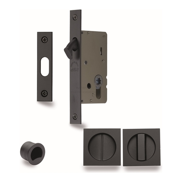 SQ2308-40-BLK  For 35 to 52mm Door  Matt Black  Heritage Brass Sliding Bathroom Lock Set With Square Fittings