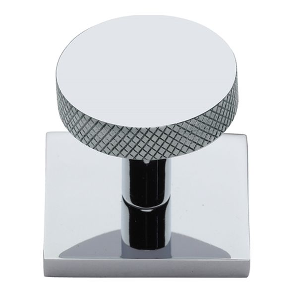 SQ3884-PC  32 x 38 x 33mm  Polished Chrome  Heritage Brass Knurled Disc Cabinet Knob On Square Backplate