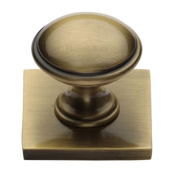 SQ3950-AT • 32 x 38 x 34mm • Antique Brass • Heritage Brass Domed Cabinet Knob On Square Backplate