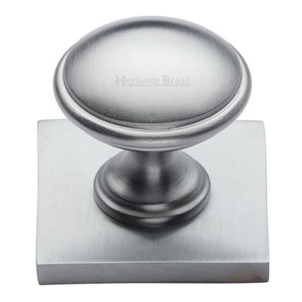 SQ3950-SC • 32 x 38 x 34mm • Satin Chrome • Heritage Brass Domed Cabinet Knob On Square Backplate