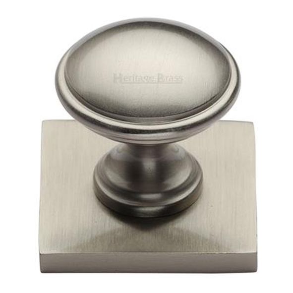 SQ3950-SN • 32 x 38 x 34mm • Satin Nickel • Heritage Brass Domed Cabinet Knob On Square Backplate