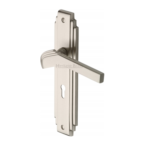 TIF5200-SN • Standard Lock [57mm] • Satin Nickel • Heritage Brass Tiffany Art Deco Levers On Backplates
