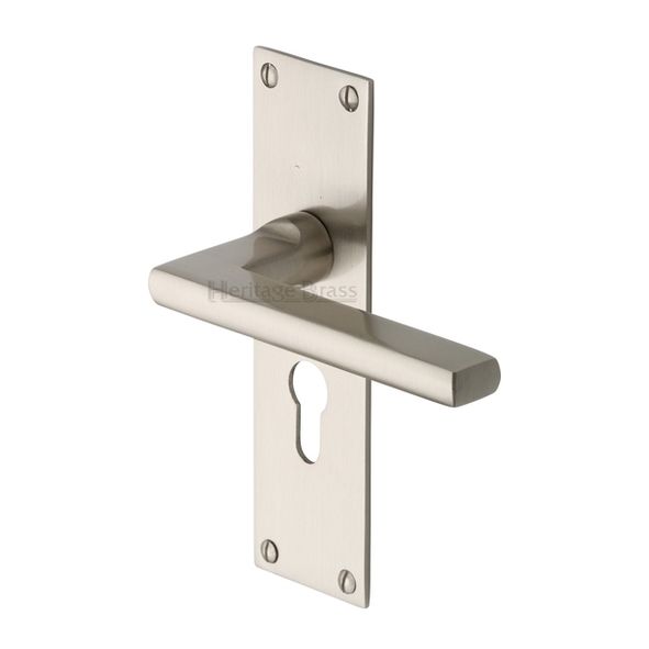 TRI1348-SN • Euro Cylinder [47.5mm] • Satin Nickel • Heritage Brass Trident Levers On Backplates