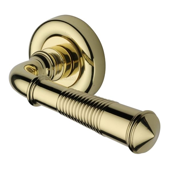 V1936-PB  Polished Brass  Heritage Brass Colonial Reeded Lever Furniture on Round Rose