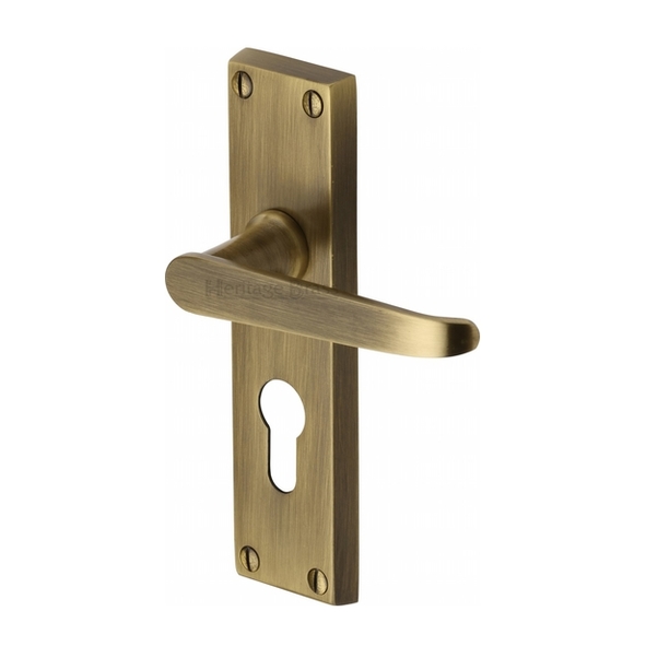 V3948-AT • Euro Cylinder [47.5mm] • Antique Brass • Heritage Brass Victoria Levers On Backplates