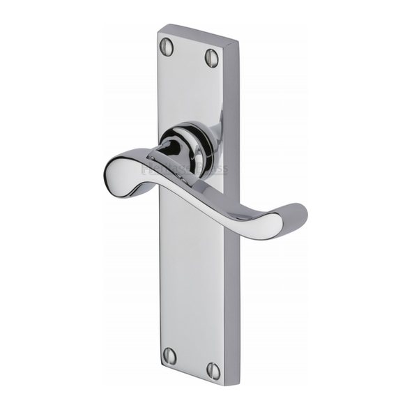 V803-PC • Long Plate Latch • Polished Chrome • Heritage Brass Bedford Levers On Backplates