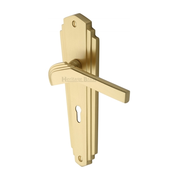 WAL6500-SB  Standard Lock [57mm]  Satin Brass  Heritage Brass Waldorf Art Deco Levers On Backplates