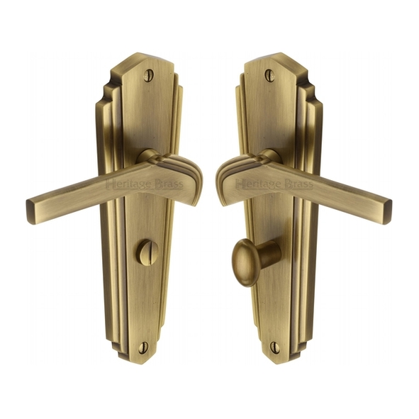 WAL6530-AT • Bathroom [57mm] • Antique Brass • Heritage Brass Waldorf Art Deco Levers On Backplates